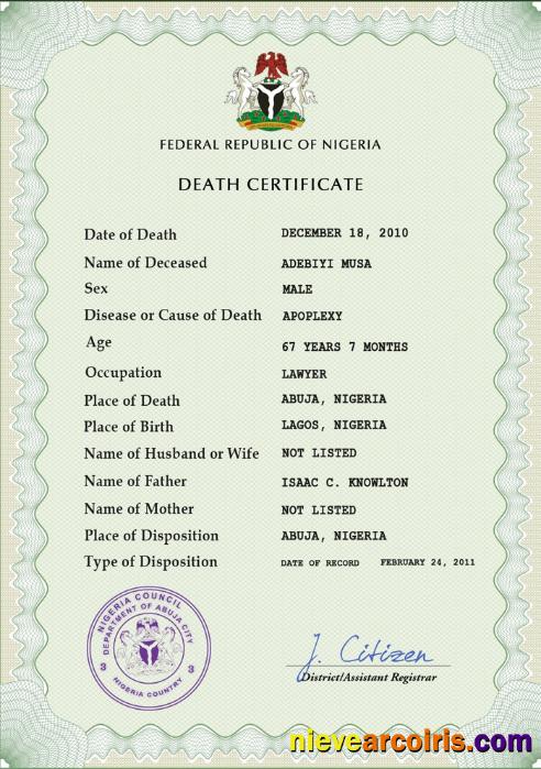 Nigeria vital record death certificate